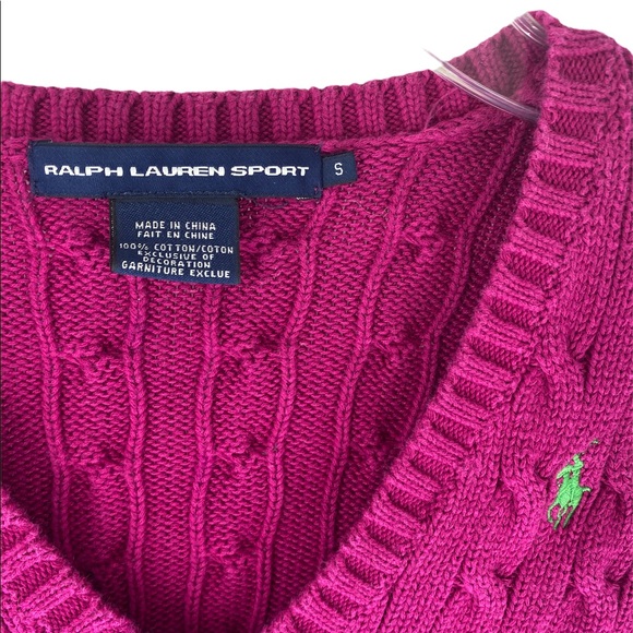 POLO RALPH LAUREN SPORT VNECK LONG SLEEVE CABLE KNOT DEEP FUCHSIA WOMENS SMALL - Picture 8 of 9